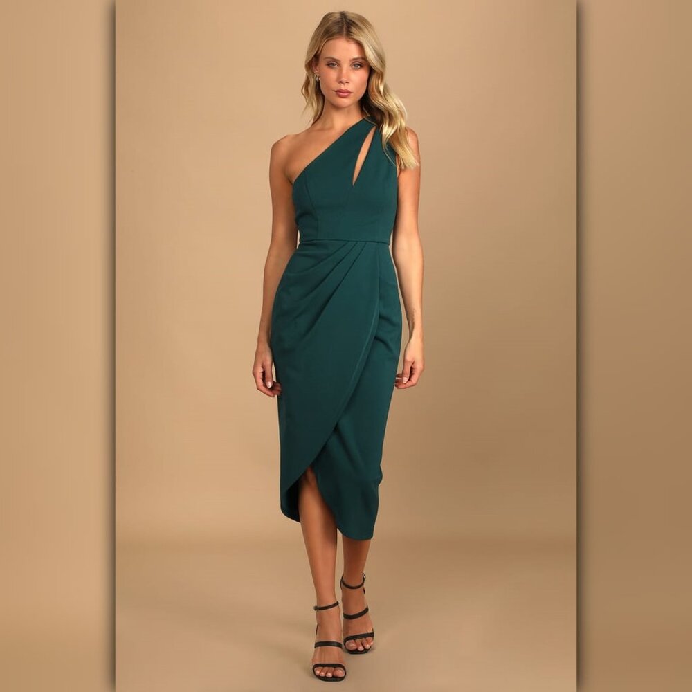* A633 • Hunter Green One-Shoulder Cutout Asymmetrical Midi Dress